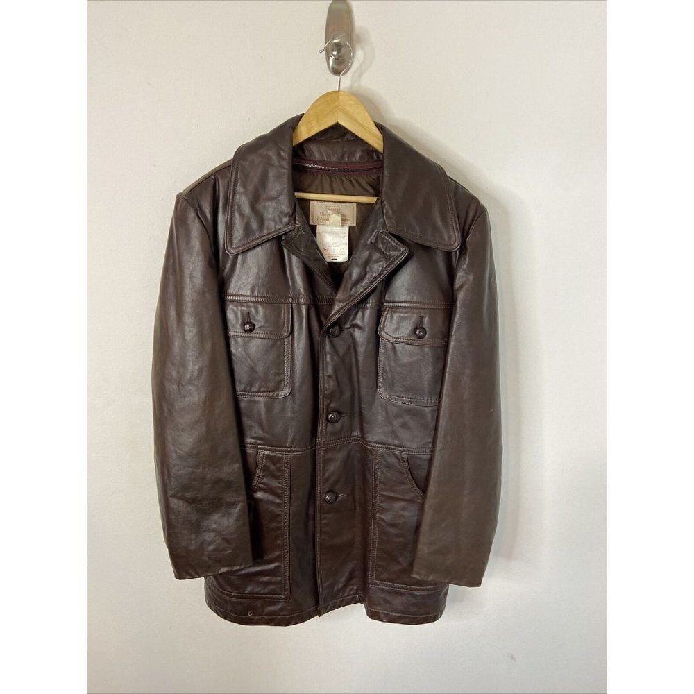 Vintage Sears 70s‎ Men 42 M Brown Leather Jacket Down Insualted Lined Disco